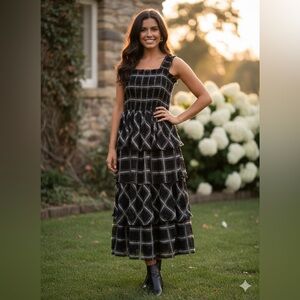 AUREUM Black & White Frayed Plaid Smocked Tiered Midi Dress Medium NWT